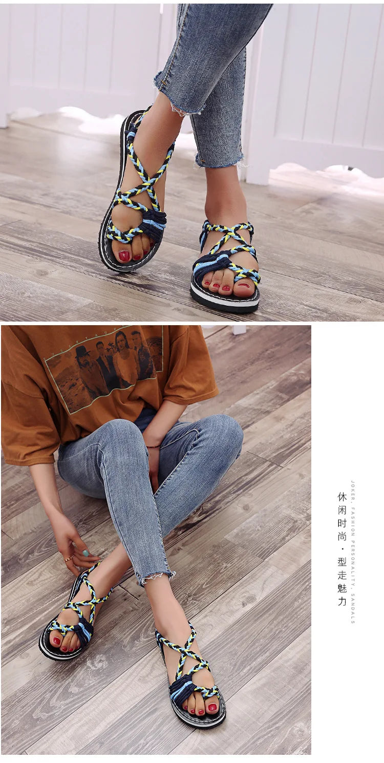 Women Sandals Summer Closed Toe Flat Romen Sandals Women Mixed Colors Rope Knot Sandals Women  Casual Beach Sandals Plus Size