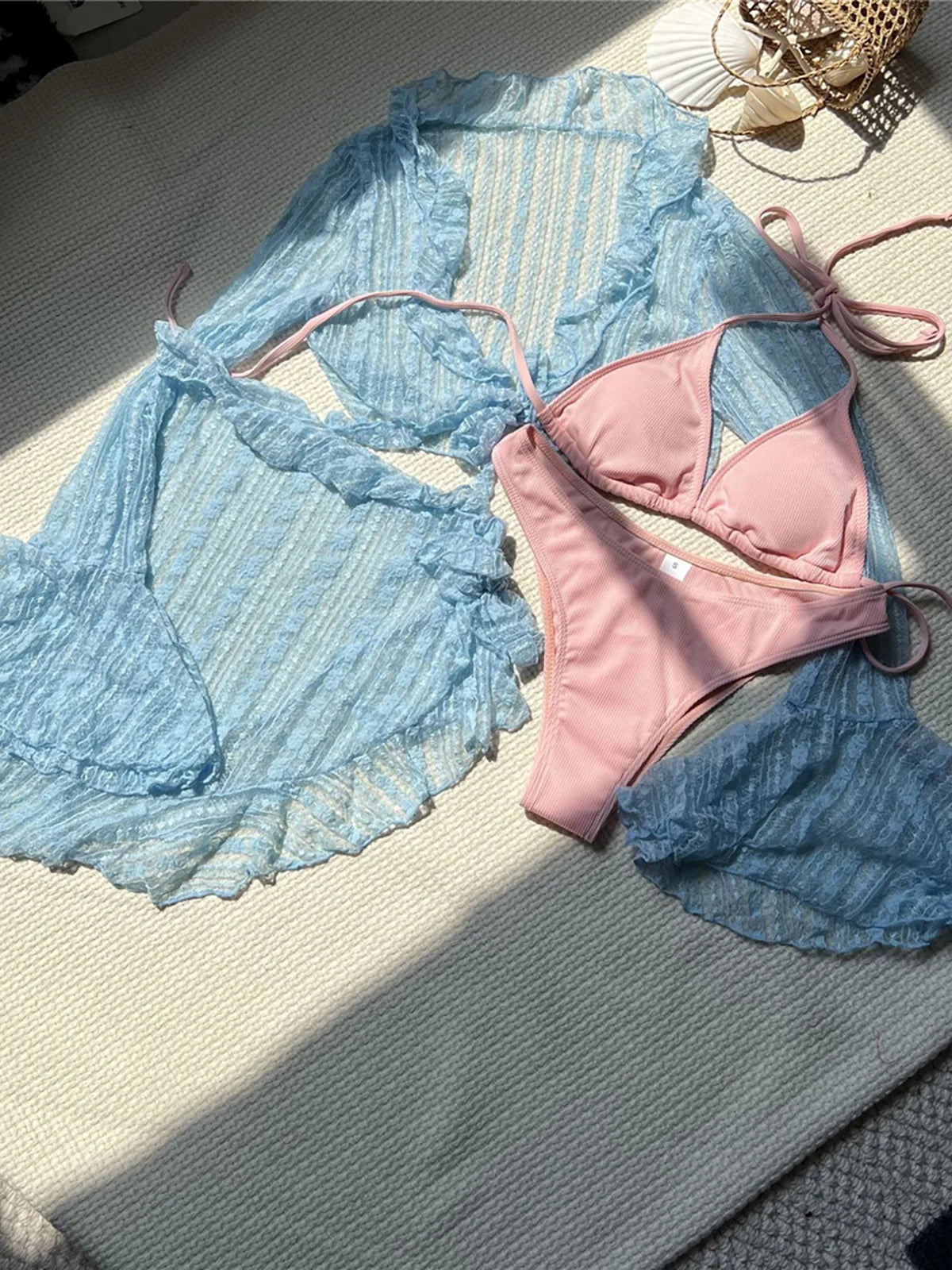 4PCS Halter Bikini Set Sarong Langarm - Vierteilig S M L