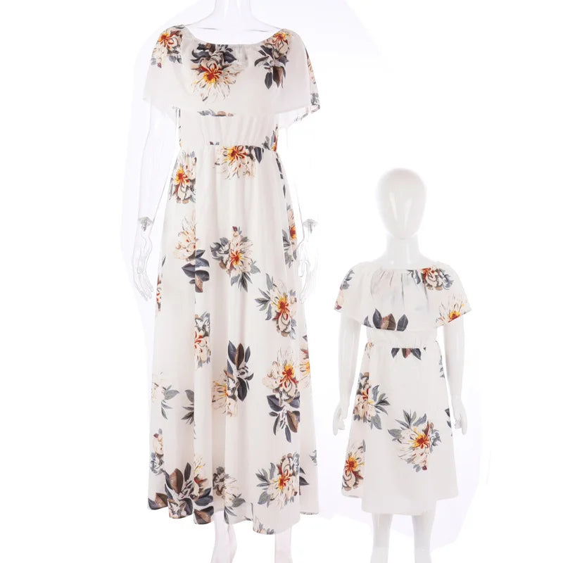 New Mother Daughter Summer Dresses Floral Slash Neck Beach Chiffon Dress Mom Mommy and Me Loose Dress Family Matching Outfits