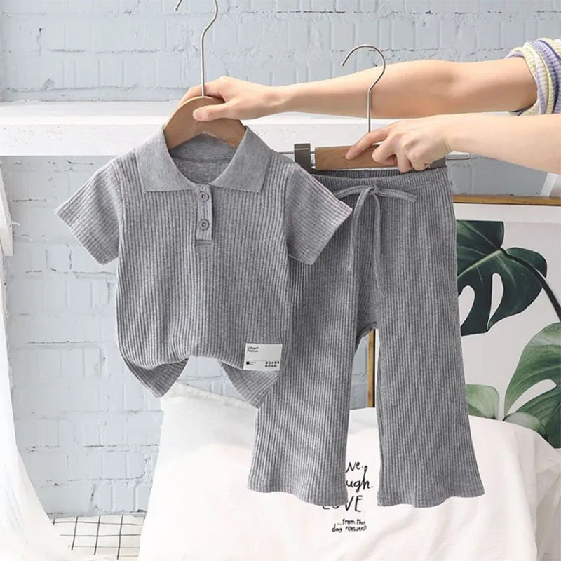 Girls Fashion Set Baby Lapel Pit Stripes Short Sleeve Pants Suit Summer 2024 New Children's Casual Comfortable Sports 2 Pcs 2-8Y