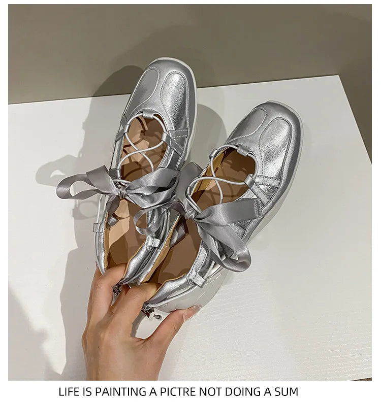 Ballet Flat Sneakers Women's Thick Bottom Bowknot Hollow Out Shoes Fashion Designer Mary Jane Ballet Comfort Shoes Female