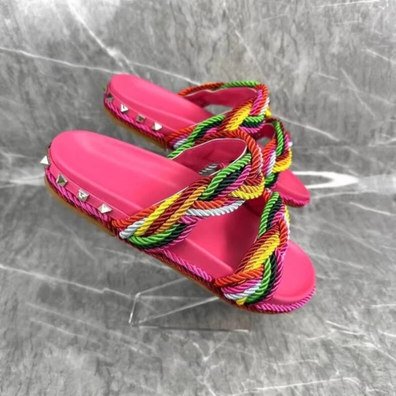 Multi Color Twists Crosst-tied Rivets Embellished Slingback Sandals Slides Women Peep Toe Slip-on Thick Sole Flats Beach Shoes
