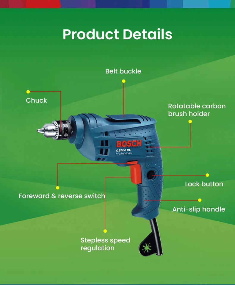 Bosch Electric Drill Screwdriver Gbm 400/6RE/10RE Rotary Drill 220V Adjustable Speed Strong Driller Power Tool for Wood Metal