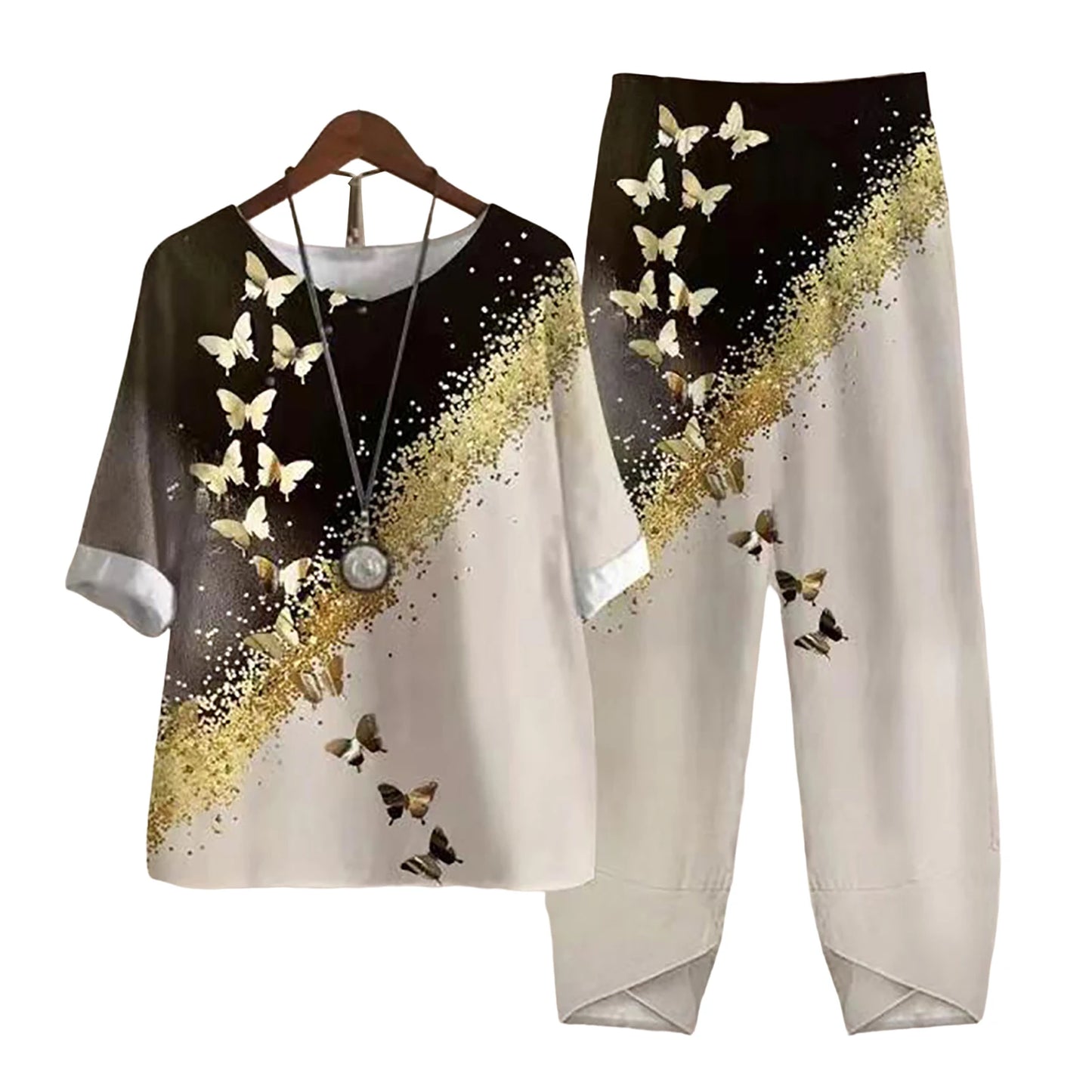 Elegant  Women Outfit Breathable Flower Pattern Blouse Trousers Half Sleeves Soft Blouse Pants Spring Clothes