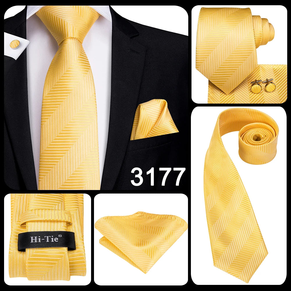 Set de cravate bărbătești din mătase Hi-Tie, model floral, cravate și batiste aurii galbene, set de butoni, costum de nuntă pentru bărbați, cravată la modă C-3053