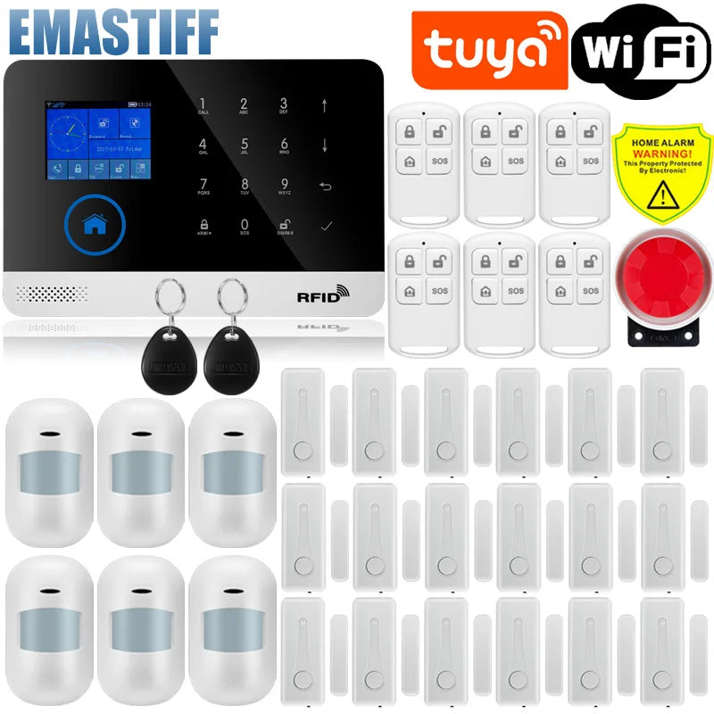 Alarmanlage 2025: Wireless Tuya APP SIM GSM Home RFID Burglar Security - LCD Touch Keyboard WIFI GSM Alarm System Sensor Kit Russian Spanish Voice Collection
