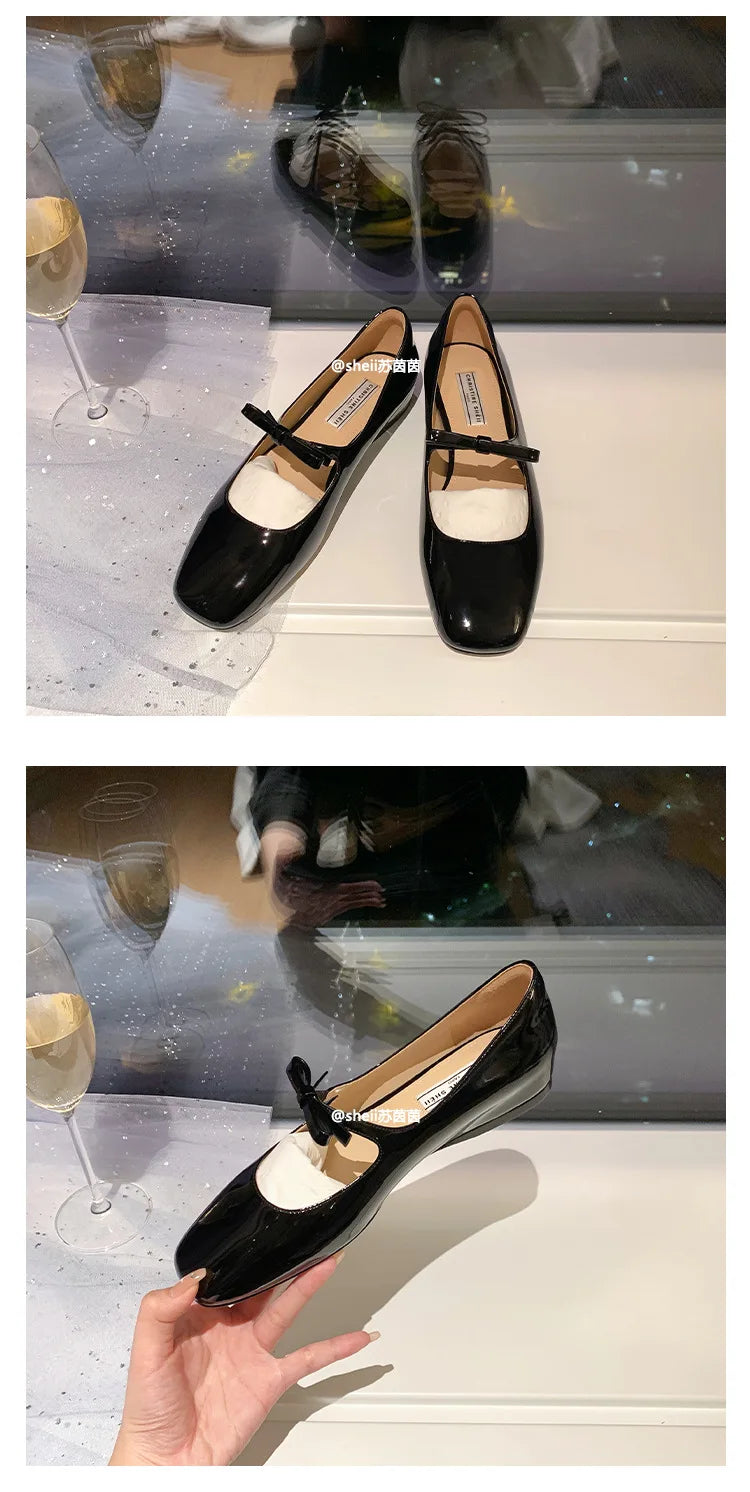 Ballet Falts Shoes for Women Bow Tie Elegant Women's Loafers Shoes with Low Heels Black Leather Mary Janes Desinger Shoes Ladies