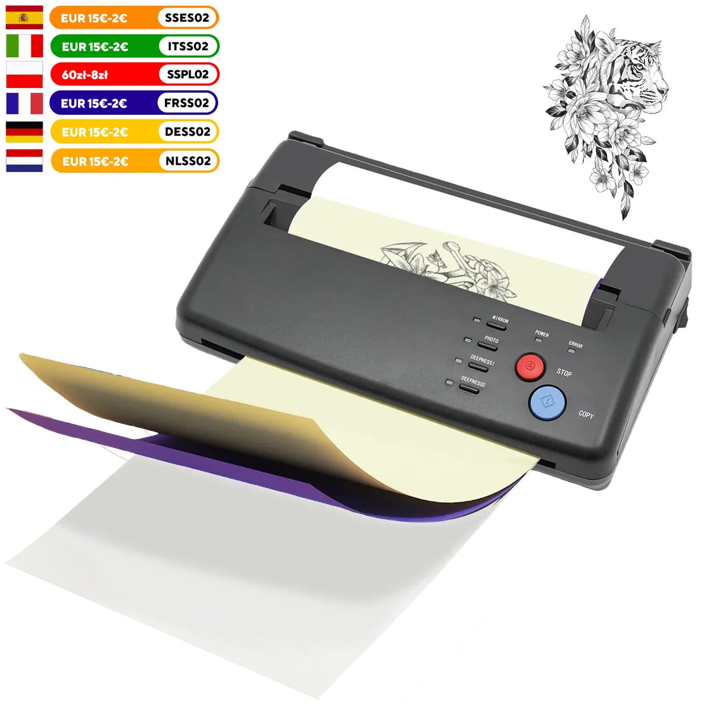 Imprimantă pentru tatuaje 2025: Imprimantă cu șabloane de transfer pentru tatuaje, copiator 220V - Lățime efectivă de scanare 21cm, Colecție A4 Negru