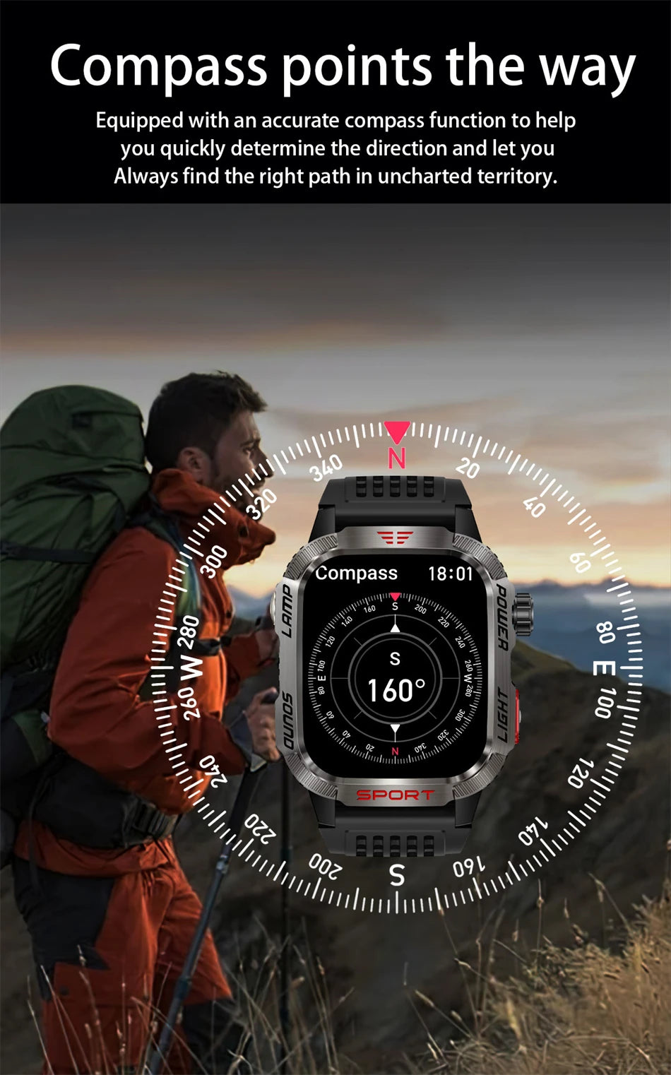 Smartwatch 2025: Outdoor-Military GPS-Sports - Flashlight Compass Collection