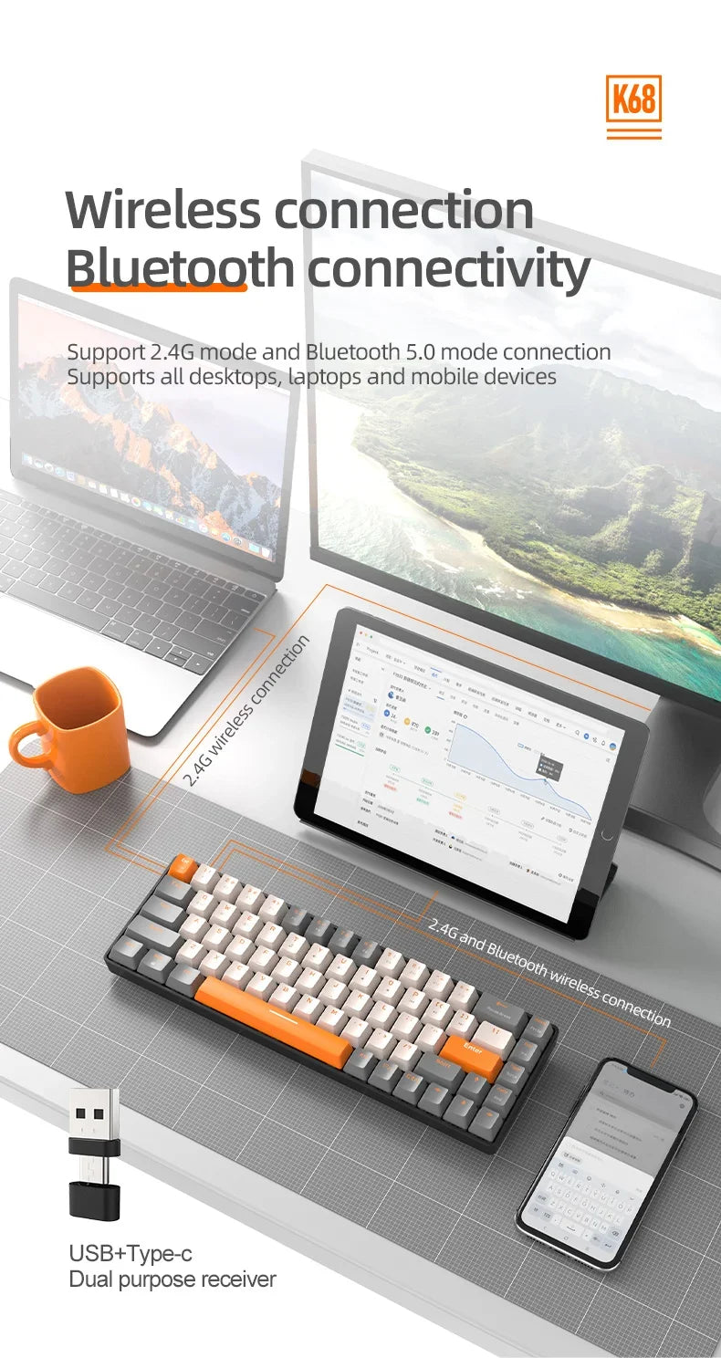 Gaming-Tastatur 2025: K68 Wireless Mechanical Hot-Swap - Red Switch Bluetooth Type-C Collection