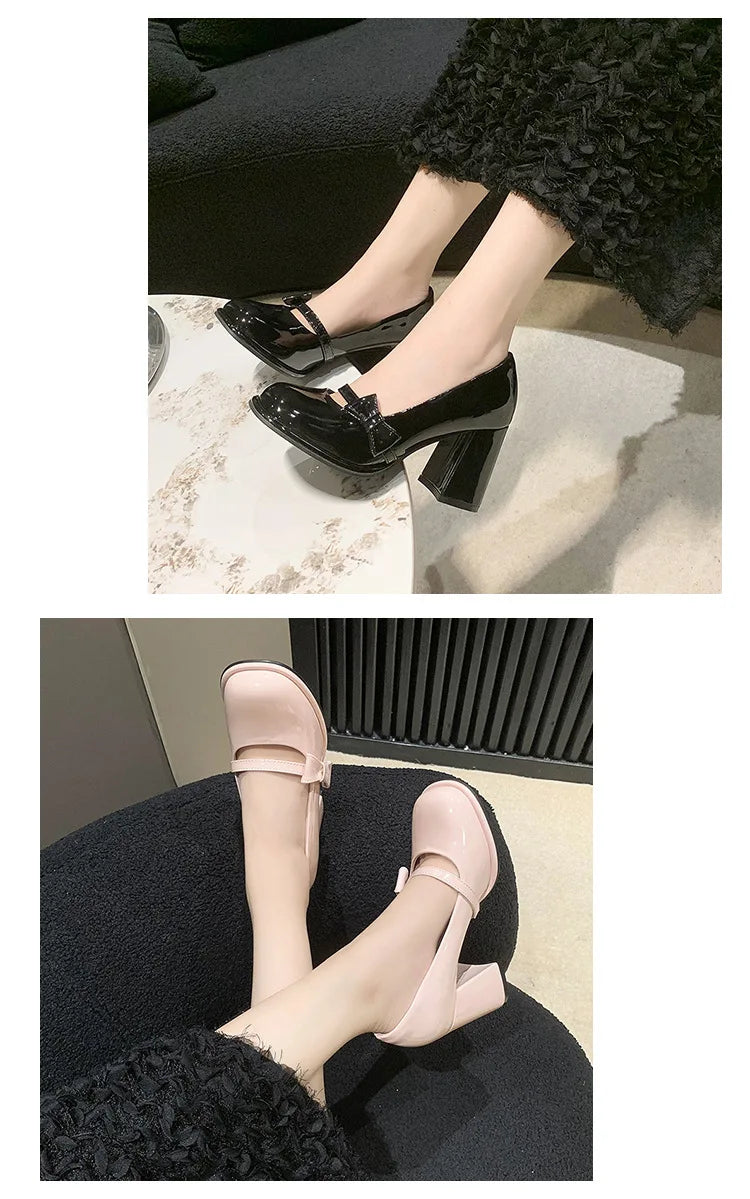 Elegant Heel Shoes Ladies 8cm High Heel Bowknot Solid Mary Jane Zapatos Adult Dress Pink White Black Cosplay Footwear