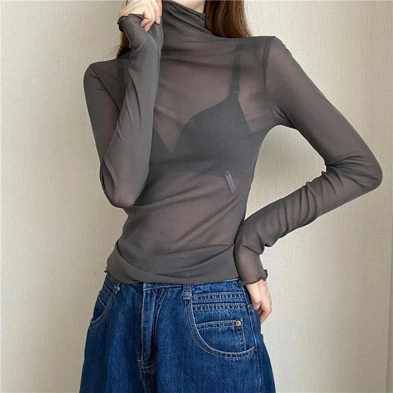 Sexy Women T Shirt See Through Transparent Tops Long Sleeve Ladies T-Shirt Pink Green Basic Top for Female Bottoming Blouses