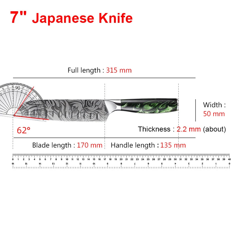 Super Sharp Damascus Pattern Kitchen Knife Set High Quality Chef Santoku Boning Paring Knife Series Green Resin Handle Nice Gift