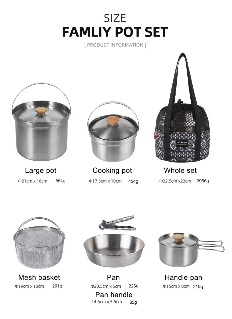 NOBANA Newest Outdoor Stainless Steel Pot Set Camping Family Pot Set 5L Portable Picnic Soup Pot Frying Steaming Household Pot