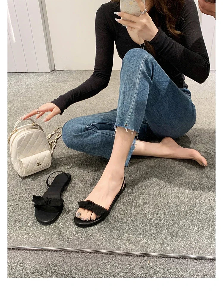 Flat Bottomed Slippers for Women Summer Bow Shaped Slimming Straight Strap Flat Sandals Women's Open Toed French Slippers Womens