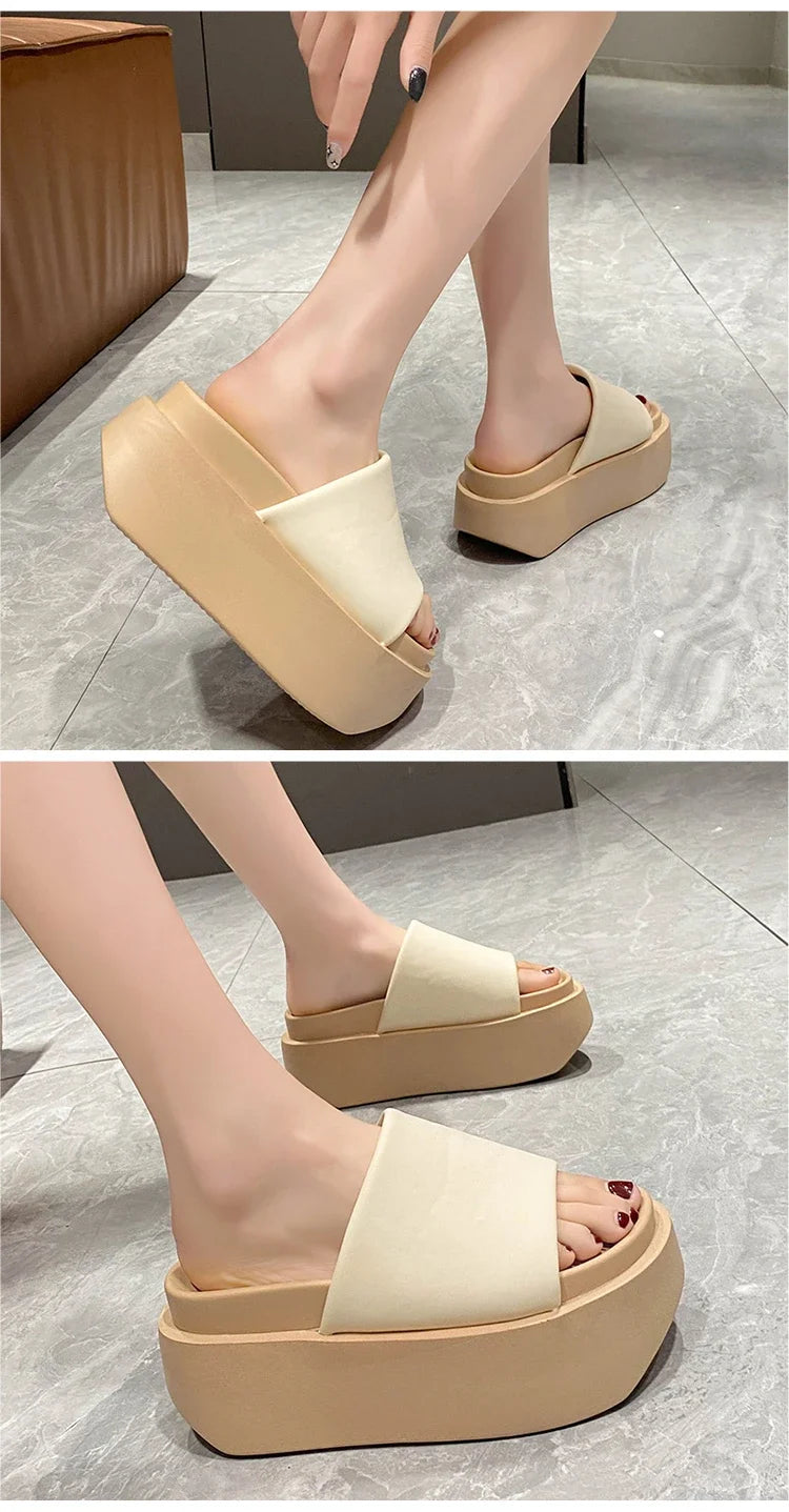 Summer Women Slippers Ladies Beach Flip-Flops Chunky Leather Shoes Wedges Heels Outside Sandals Woman High Platform Slippers 8CM