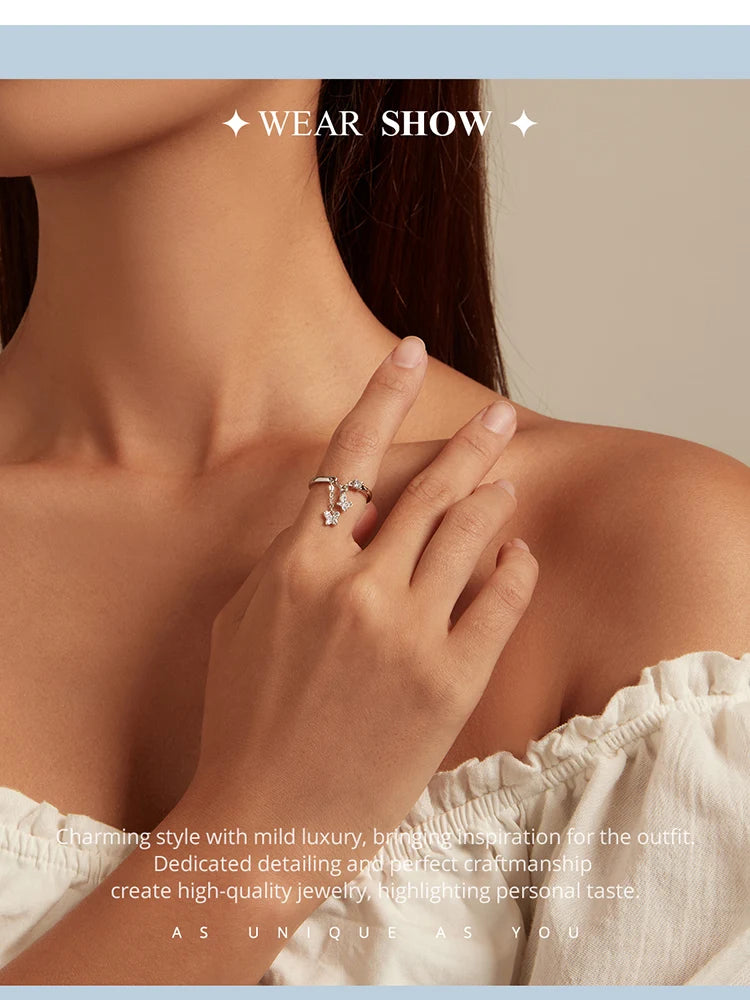 WOSTU 925 Sterling Silver Butterfly Link Open Rings pentru femei delicat strălucitor zircon reglabil inel Fine Party bijuterii cadou