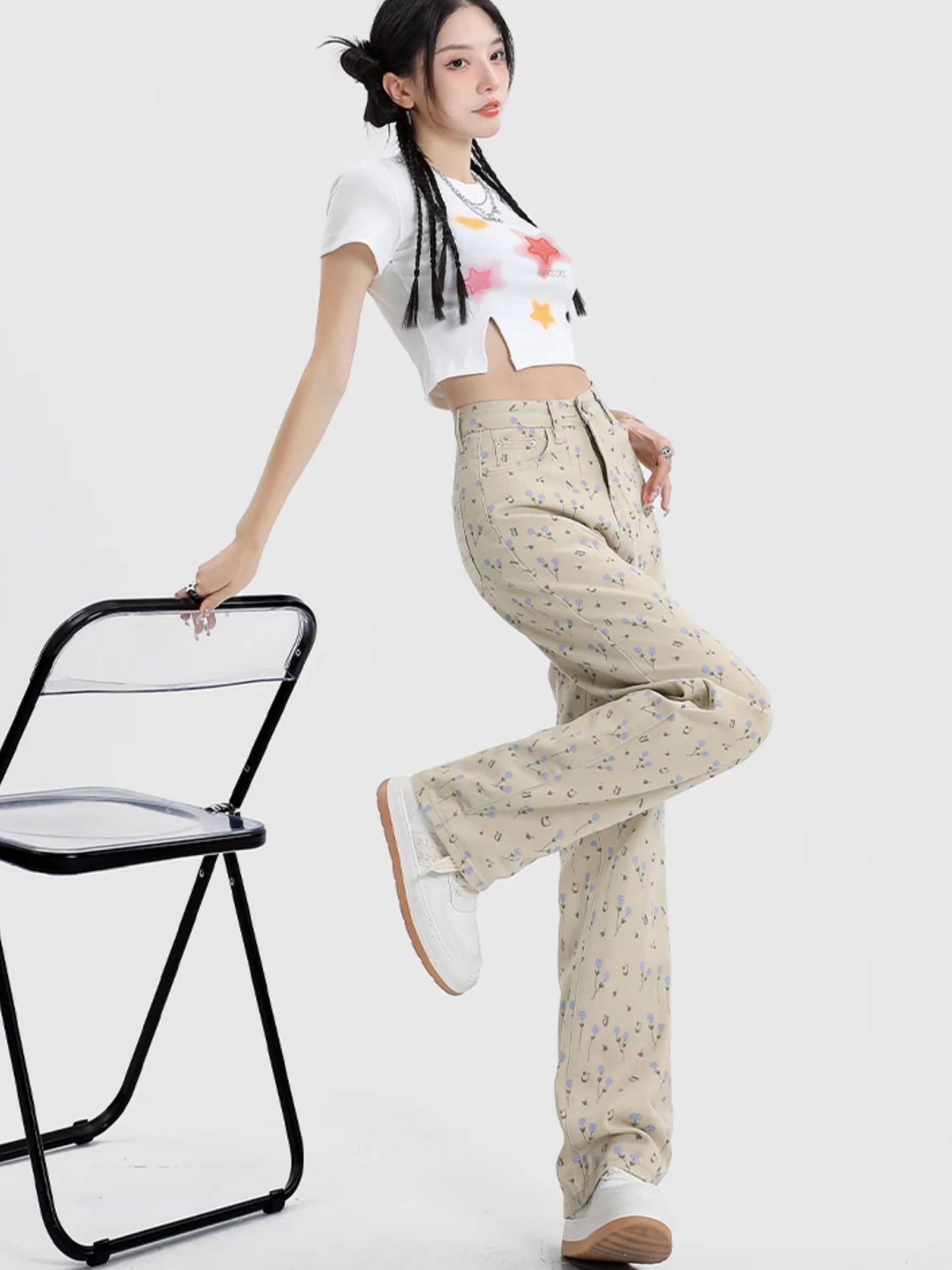 Damen Jeans 2025 - Washed High Waist Floral Printing Straight Preppy Style Sweet
