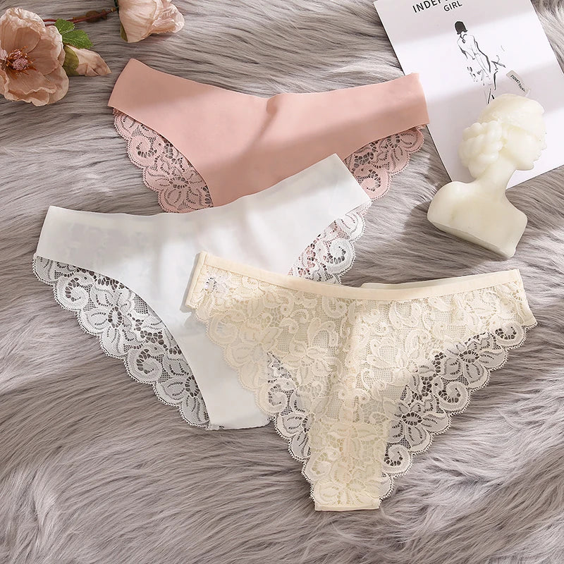TrowBridge 3PCS Women's Panties Set Sweet Lace Underwear Soft Silk Satin Lingerie French Romantic Woman Briefs Female elegant Panty