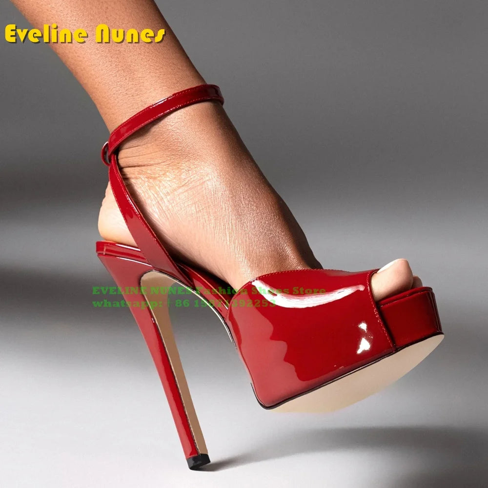 Peep Toe Platform Buckle Strap Red Sandals Pointed Toe Thin Heel Slingback elegant Women Runway Show Shoes Spicy Girl Party Trend