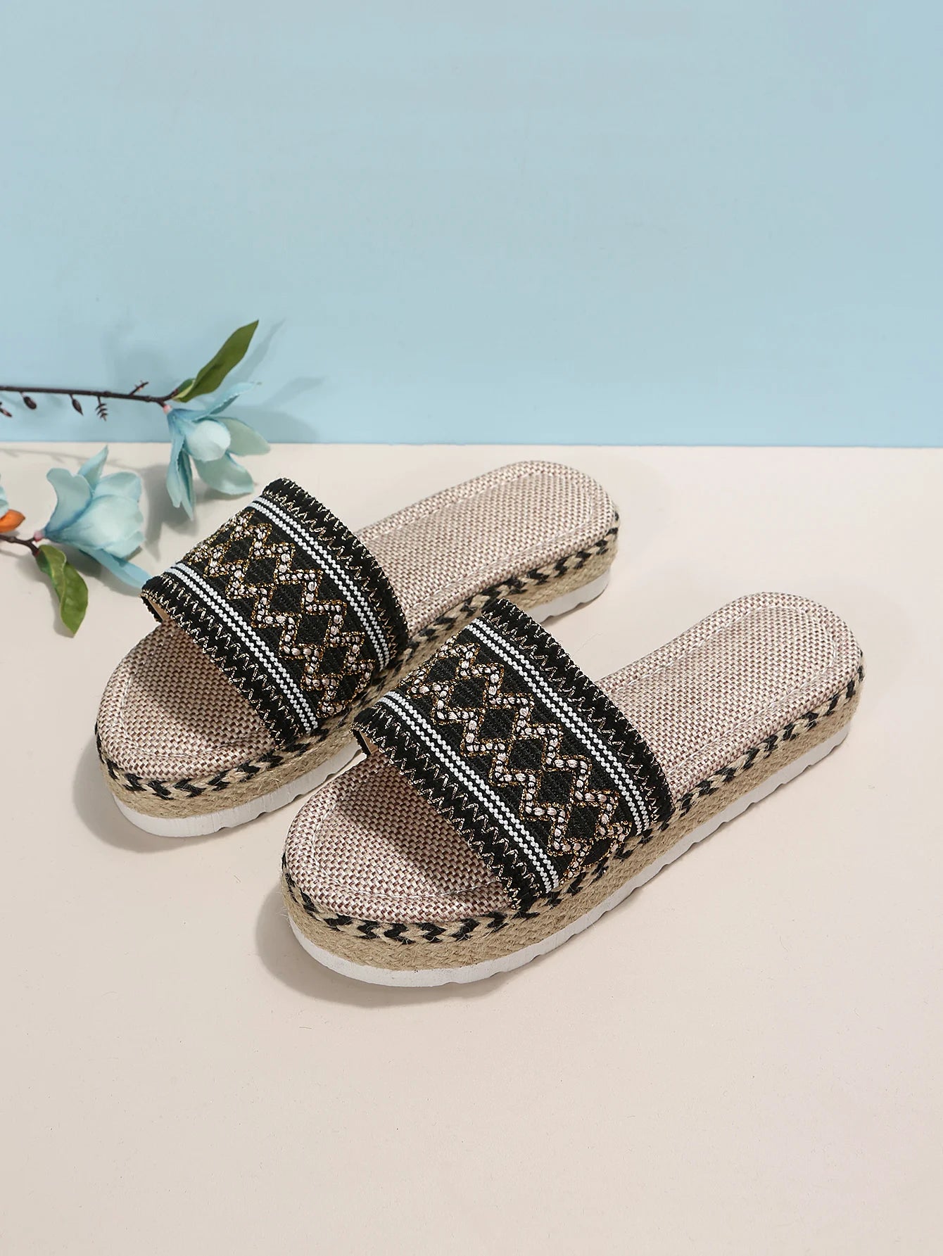 Gewebte Damen Pantoletten Platform - Sommer Schuhe für Damen 2025 Neu - Strand Casual Absatz Sandalen Bohemian Handgemacht Espadrilles