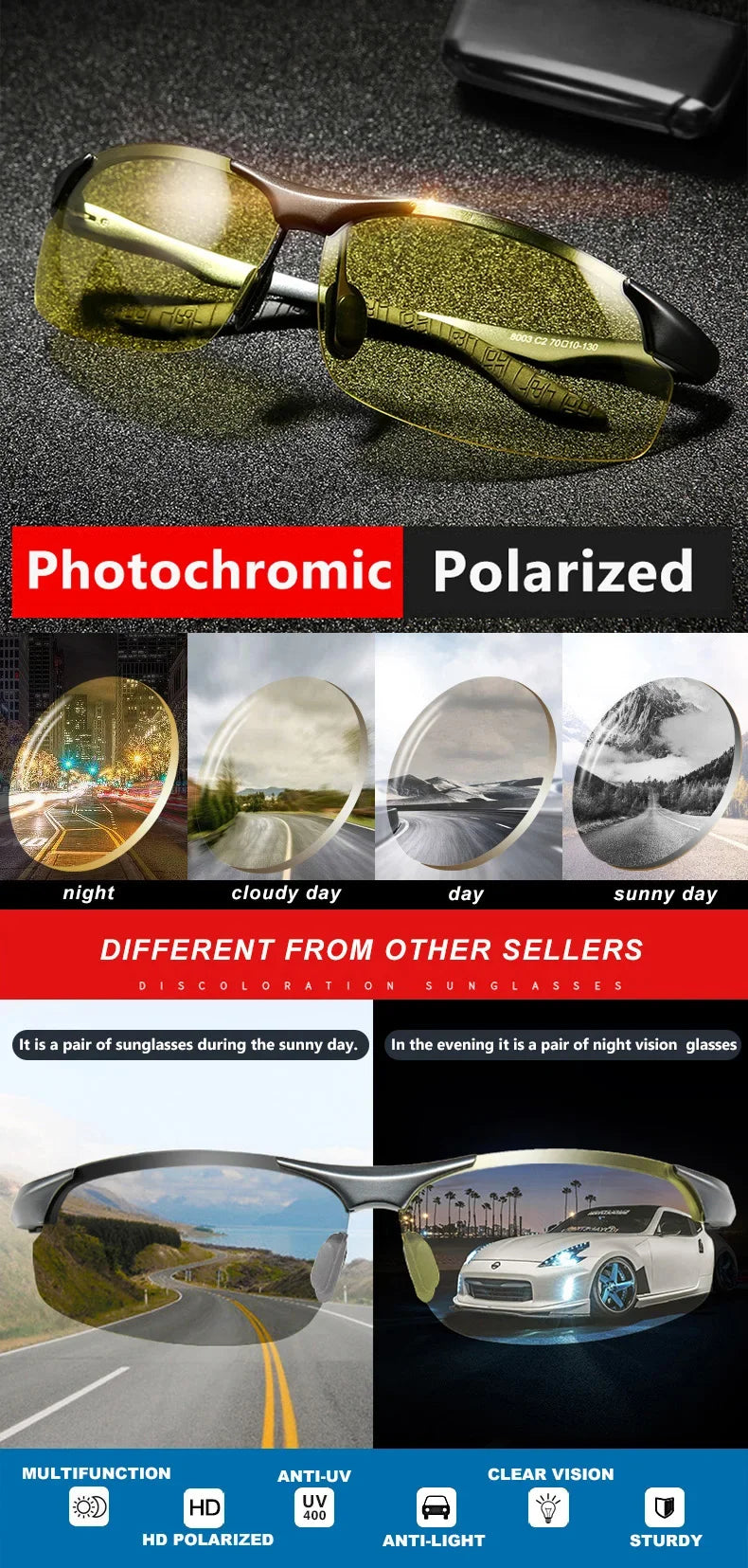 CLLOIO Aluminium Rimless Photochromic Day Night Vision Anti-Glare Glasses Men Polarized Driving Sunglasses Travel Fishing Goggle