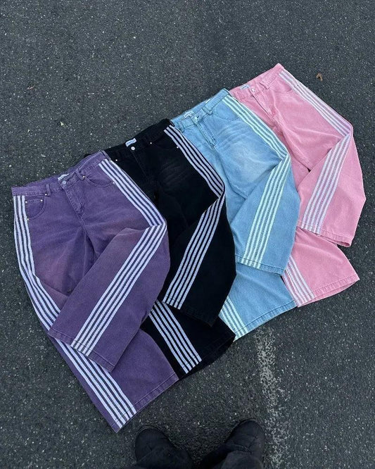 Unisex Jeans 2025 - High Street Vintage Striped Embroidered Harajuku Hip Hop Baggy - Golden Bridge Store