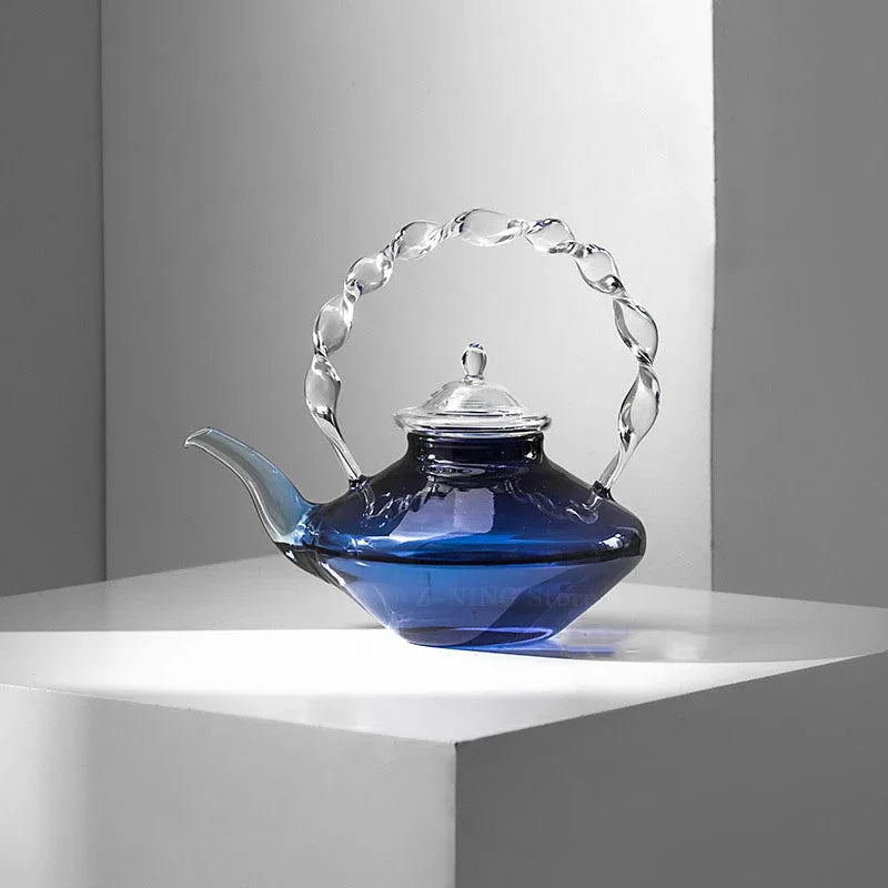 Blue Glass Teapot Teacup Tea Filter Mesh Glass Coffee Pot Heat-resistant Glass Pot Household Kitchen Kettle Exquisite Gift 2022