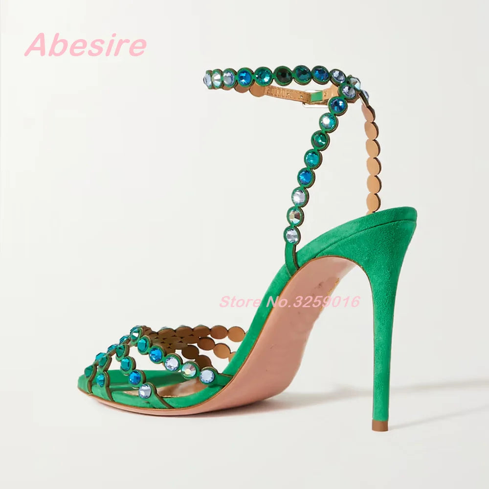 Crystal-Embellished Pvc Sandals Suede Rhinestones Stiletto Heels Women's Sandals Buckle Strap Slingback Elegant Party Shoes Sexy