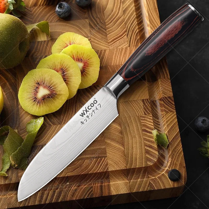 WXCOO Professional Kitchen Chef Knife Damascus Steel Laser Pattern Santoku Knife Double Side Magnetic Kitchen Knife Block