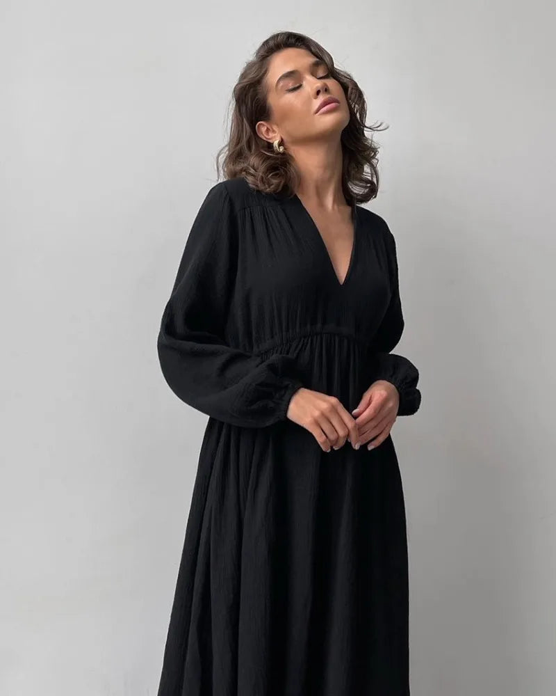 Elegant Dresses For Women 100% Cotton Muslin Long Sleeve V-neck Casual Party Holiday Beach White Black Robes Vestidos de Mujer