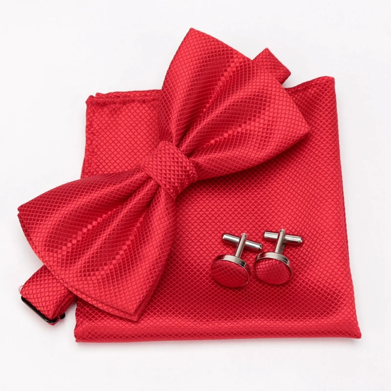 Men Bowtie Set 3pcs Plaids Classic Fashion Wedding Party Formal Cufflinks Bow Tie Handkerchief Cuff Links Lots Three Piece Set