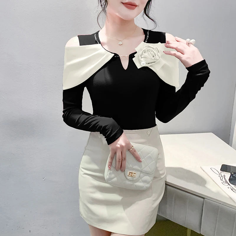 Women T-shirt Fashion T Shirt Cotton Slim Tee For Ladies Autumn Clothing New Long Sleeve Beading V-Neck Tops