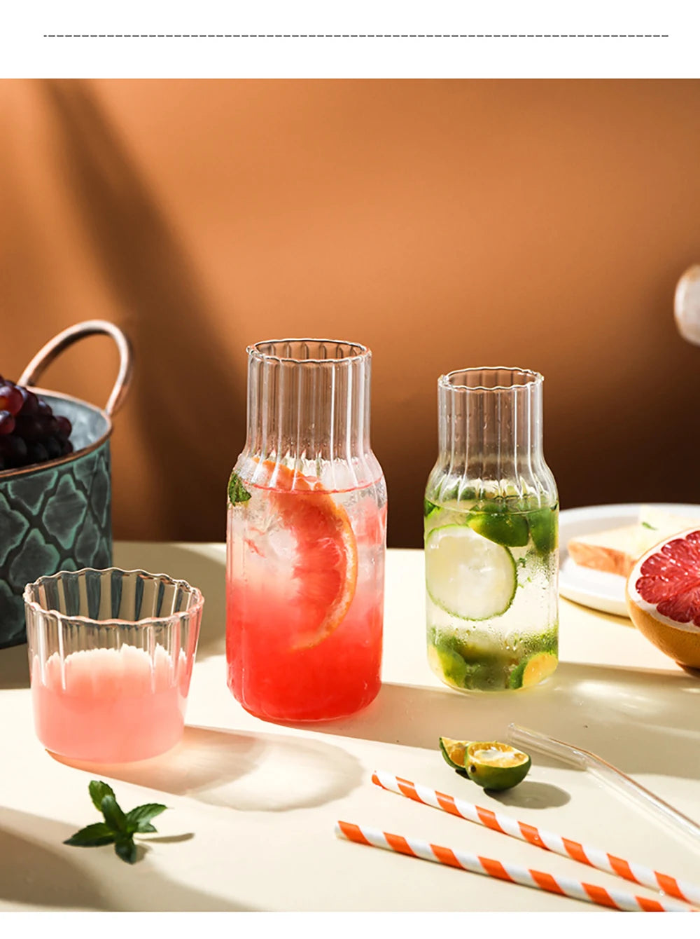Glass Water Bottle with Glass Cup Set Drinkware Bedside Carafe with Tumbler Glasses Drinking Pitcher for Milk Beverage Tea