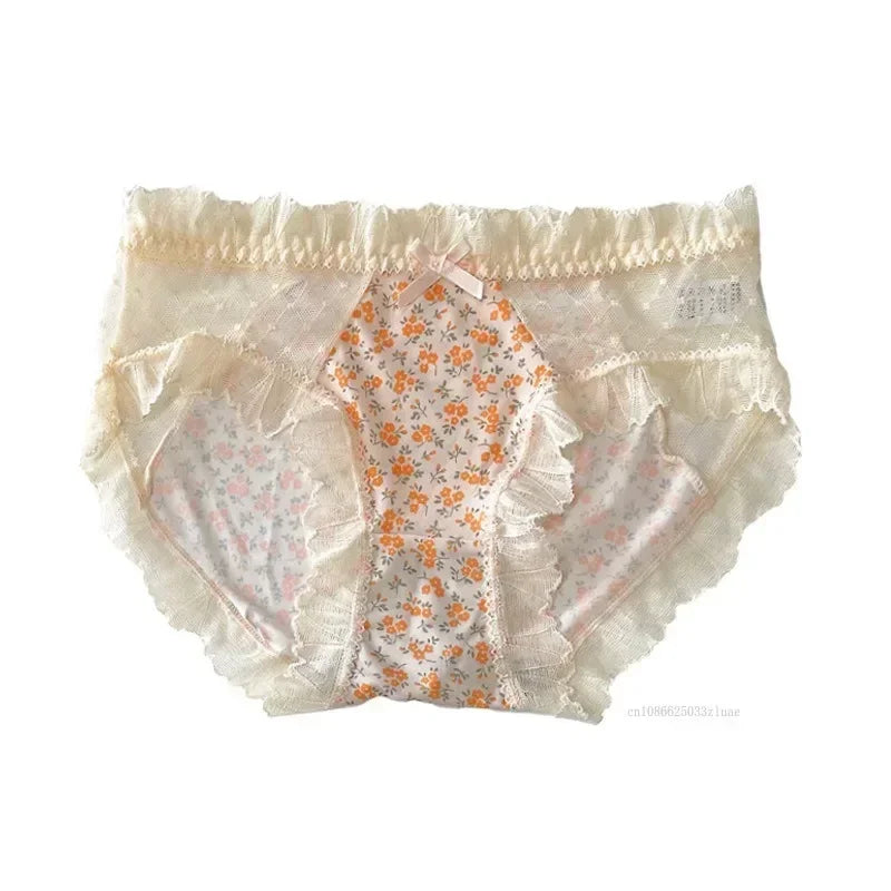 Floral Lace Women's Panties Middle Waist Plus Size Fashion Ice Silk Briefs Quick-drying Cotton Crotch Underpants Female Lingerie