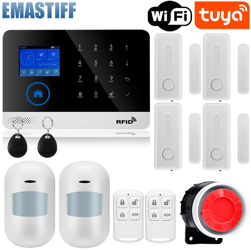 Alarmanlage 2025: Wireless Tuya APP SIM GSM Home RFID Burglar Security - LCD Touch Keyboard WIFI GSM Alarm System Sensor Kit Russian Spanish Voice Collection