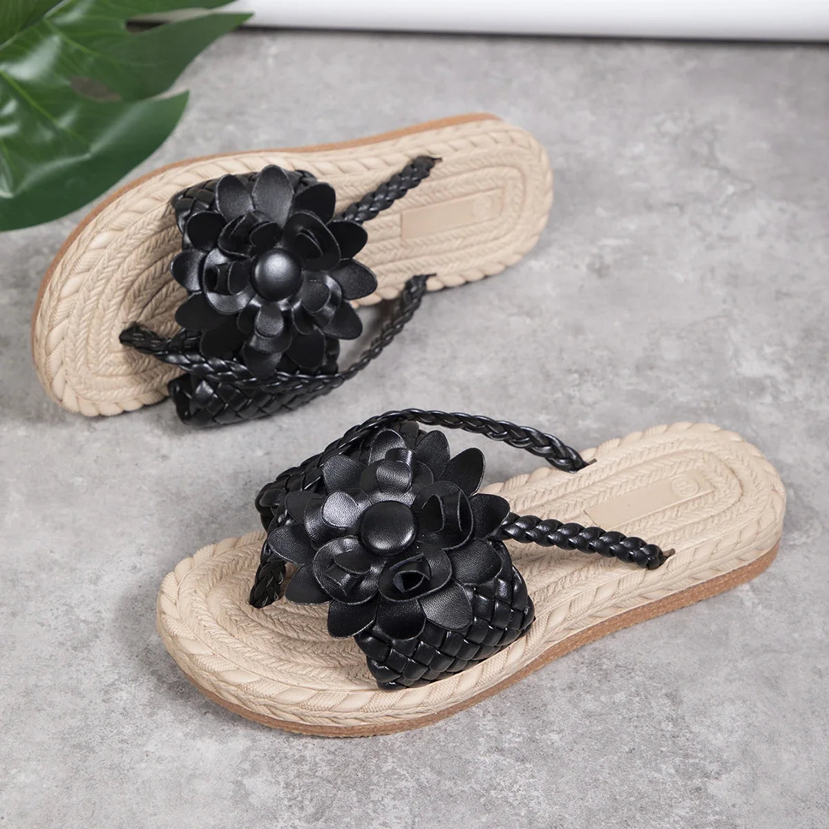 Summer Floral Braided Flat Slippers Classics Solid PU Leather Women Non Slip Flip Flops Soft Comfortable Beach Sandals Femme - Golden Bridge Store