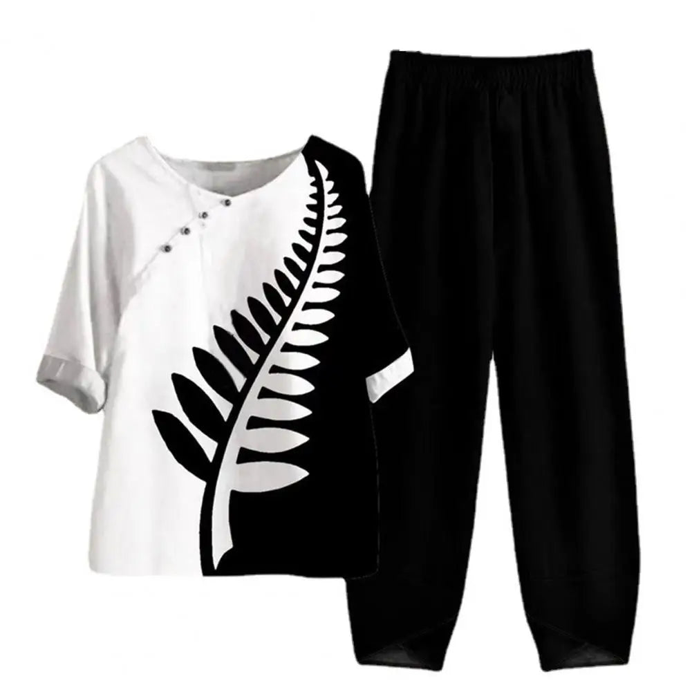 Elegant  Women Outfit Breathable Flower Pattern Blouse Trousers Half Sleeves Soft Blouse Pants Spring Clothes