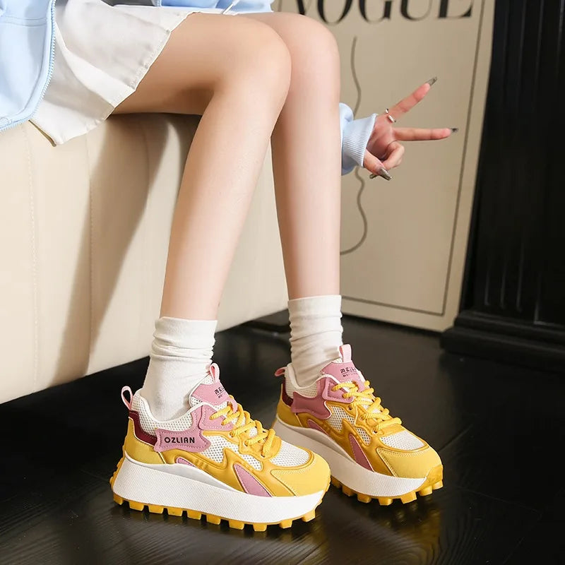 Women‘s Trendy Color-blocked Brand Design Thick-soled Sneakers 2024 Spring and autumn New  Lace-up Mesh Breathable Tennis Shoes