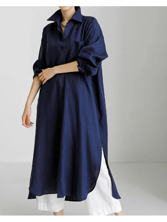 Elegant Women Shirts Dress Spring Fashion V-neck Long Sleeve Cotton Linen Maxi Dresses Ladies Casual Holiday Vestidos 2024 Robes