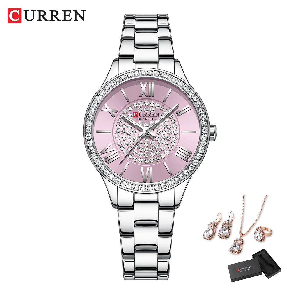 CURREN Luxus Uhr Damen Ring Halskette Ohrringe - Strass Mode Armbanduhr Weiblich Casual Damen Uhren Armband 5-teiliges Set