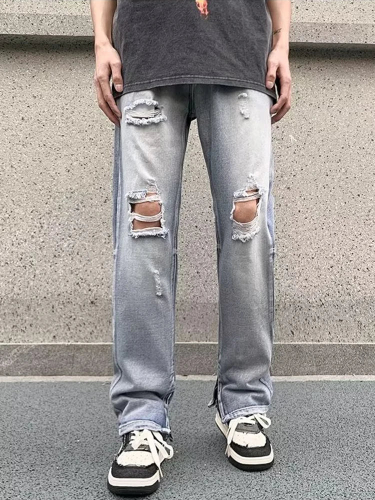 Herren Ripped Jeans 2025 - Summer Blue Loose Fit Hole Wide-leg Streetwear Denim