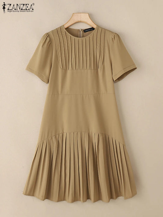 Elegant Office Lady Dresses 2025 Summer Dress ZANZEA Women Elegant Short Puff Sleeve Pleated Party Vestidos Knee Length Robe