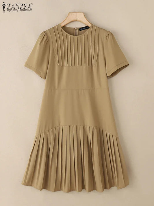 Elegant Office Lady Dresses 2025 Summer Dress ZANZEA Women Elegant Short Puff Sleeve Pleated Party Vestidos Knee Length Robe - Golden Bridge Store