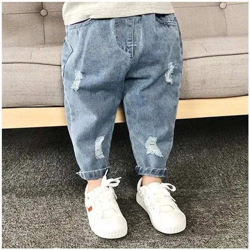 Children Jeans Spring Autumn Boys Girls Denim Ripped Jeans Korean Fashion Kids Trousers Toddler Casual Loose Pants