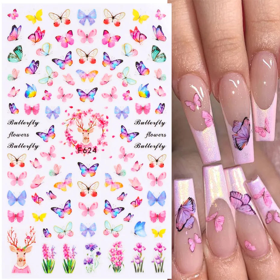 New Spring Fresh Flowers Butterfly 3D Nail Stickers Colorful Laser Butterflies Geometric Pattern Stickers Nail Decoration 1PCS
