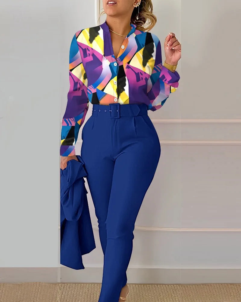 Femei elegante cămașă două piese set costume toamna nouă modă imprimare mânecă lungă top pantaloni negri set cu curea bluze îmbrăcăminte feminină