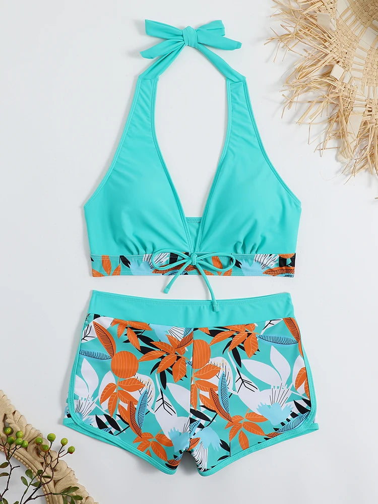 Halter Bikini Set Kurzer Schwimmanzug Frauen High Waist Bedruckte Bademode