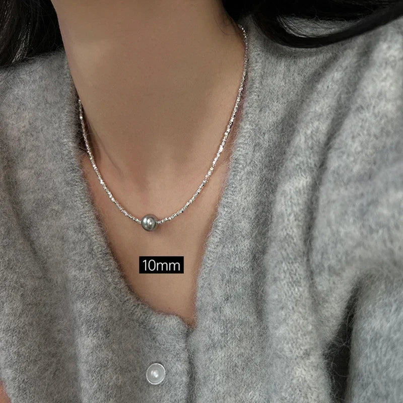 Sparkling 12mm Pearl Pendant Necklace For Women Girl 100% 925 Sterling Silver Choker Chain Wedding Birthday Party Gift Jewelry