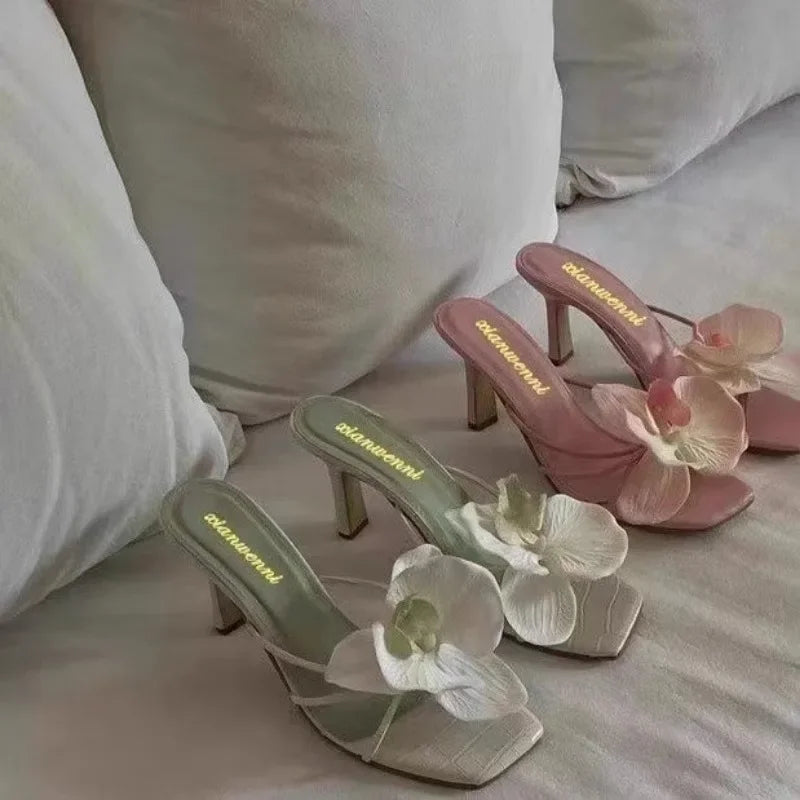 Brand Shoes Female 2025 Summer New Elegant Flowers Design Women's Slippers Casual Fashionable Outer Wear High Heel Slides Women